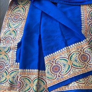 Blue Embroidered Midi Dress with Gold Trim